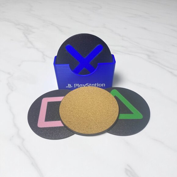 PlayStation Themed Buttons Coaster Set – 4-Pack with Holder - Picture 4 of 8